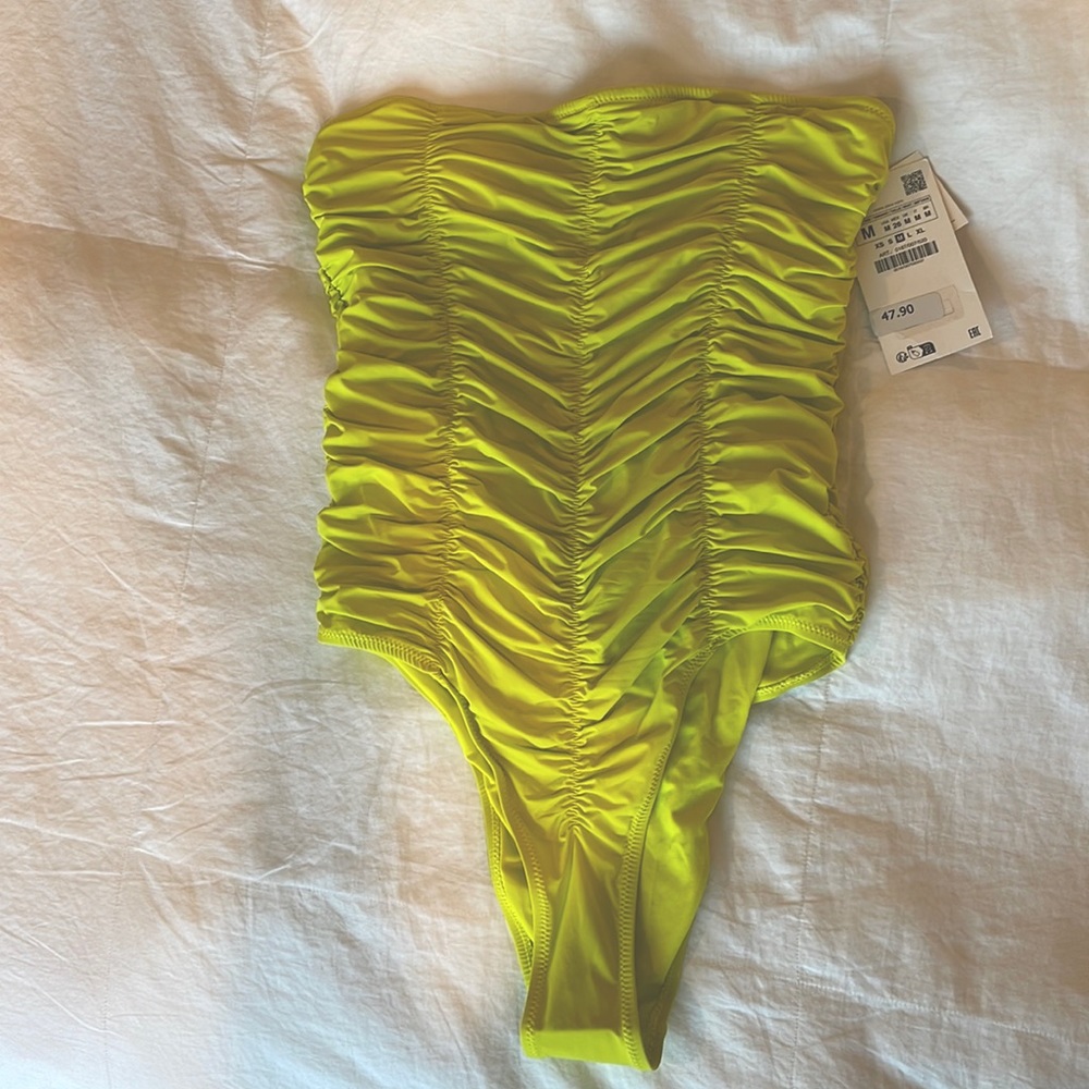 NWT- Never worn citrine colored ruched one piece bathing suit from Zara
